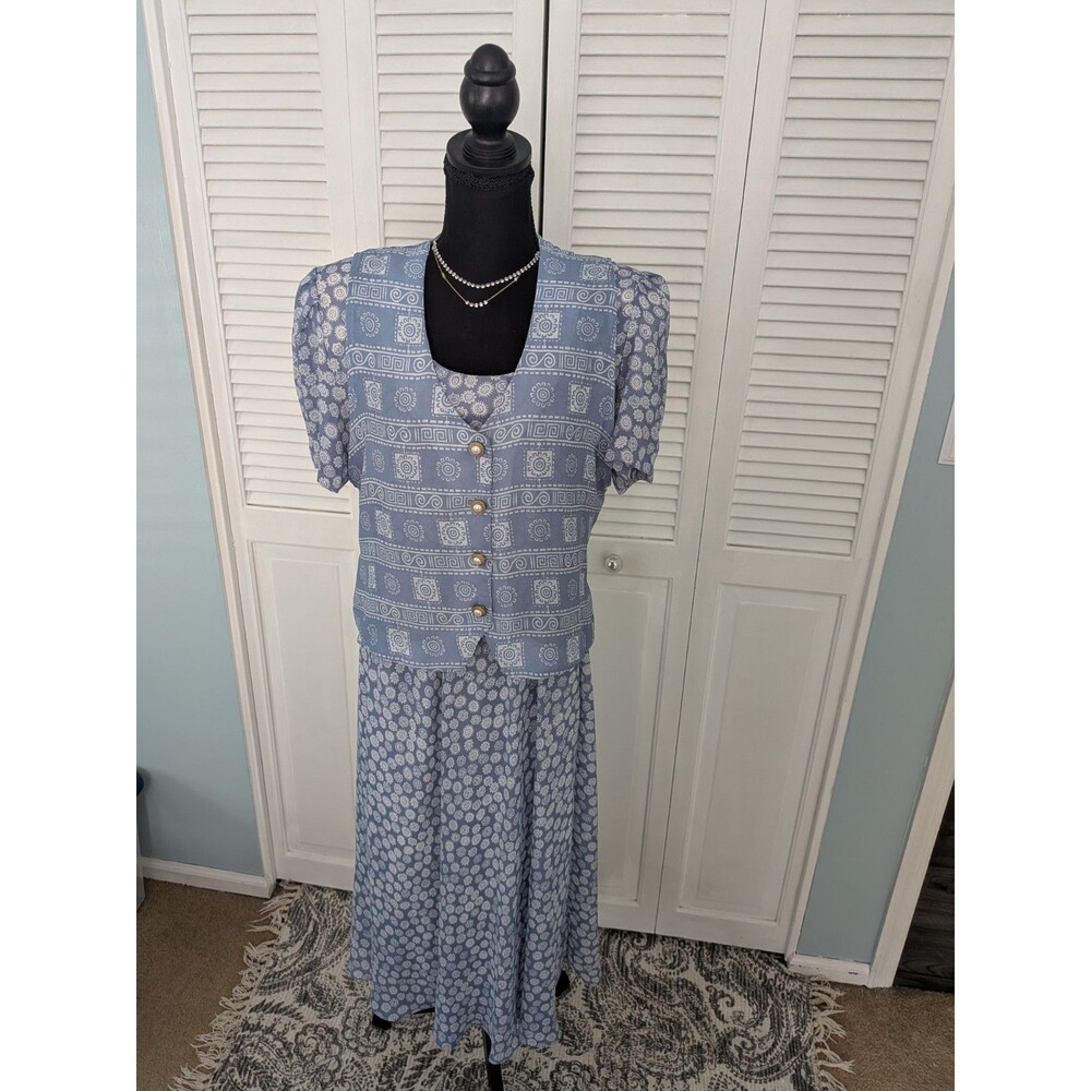 Vtg Kristy Michaels Vested Dress Women's 10 Blue White Ditsy Floral 1990s Swing